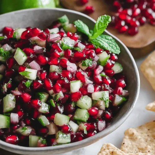 Vibrant Pomegranate Salsa with fresh cucumber, red onion, and mint, served with tortilla chips and fresh limes.