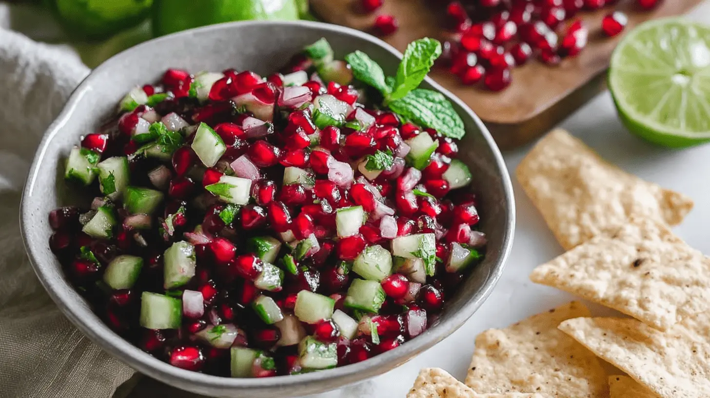 Vibrant Pomegranate Salsa with fresh cucumber, red onion, and mint, served with tortilla chips and fresh limes.