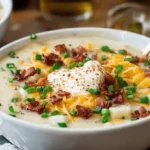 A close-up of a deliciously creamy, loaded potato soup garnished with melted cheddar cheese, crispy bacon, fresh chives, and a dollop of sour cream.