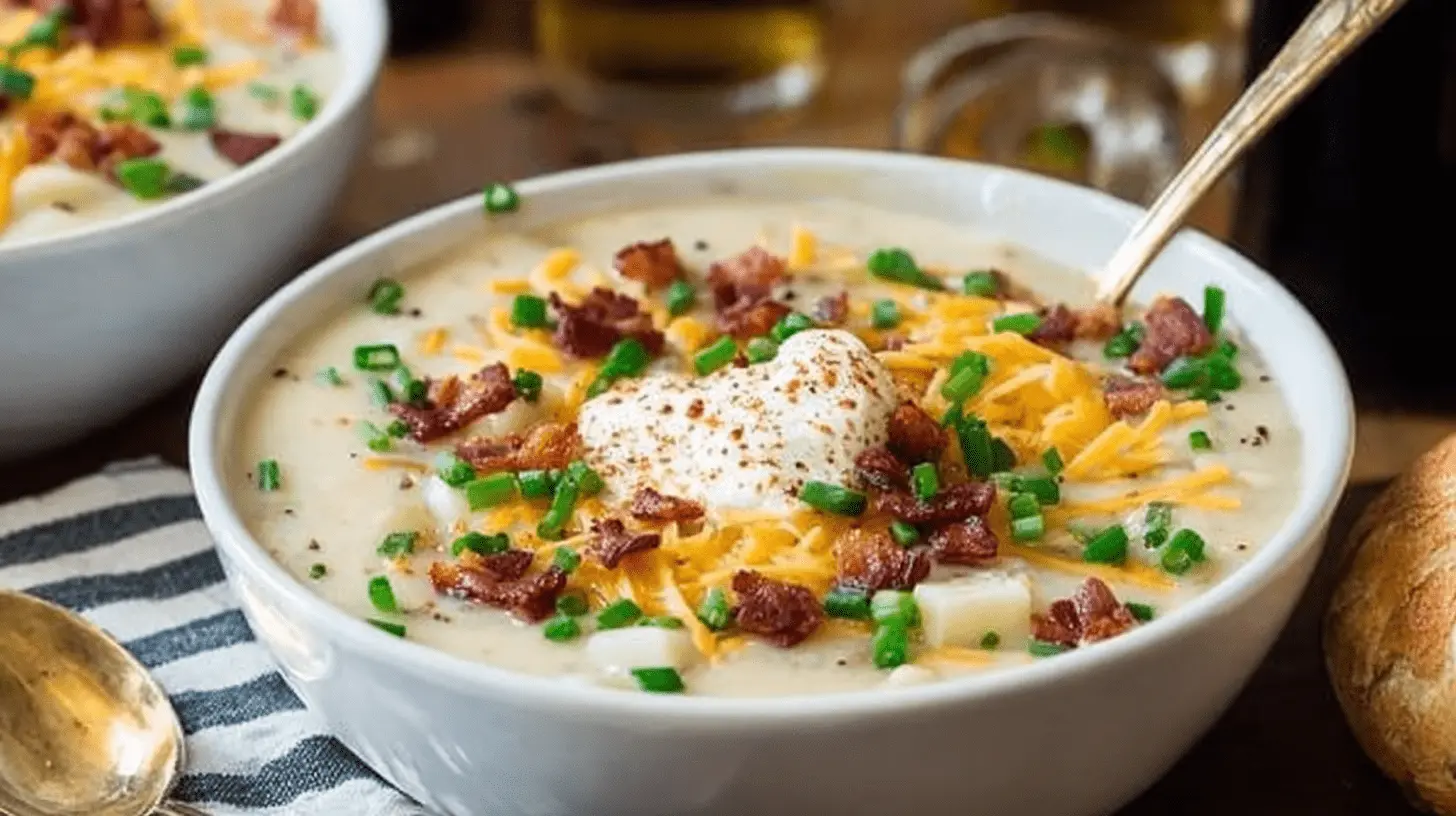 A close-up of a deliciously creamy, loaded potato soup garnished with melted cheddar cheese, crispy bacon, fresh chives, and a dollop of sour cream.
