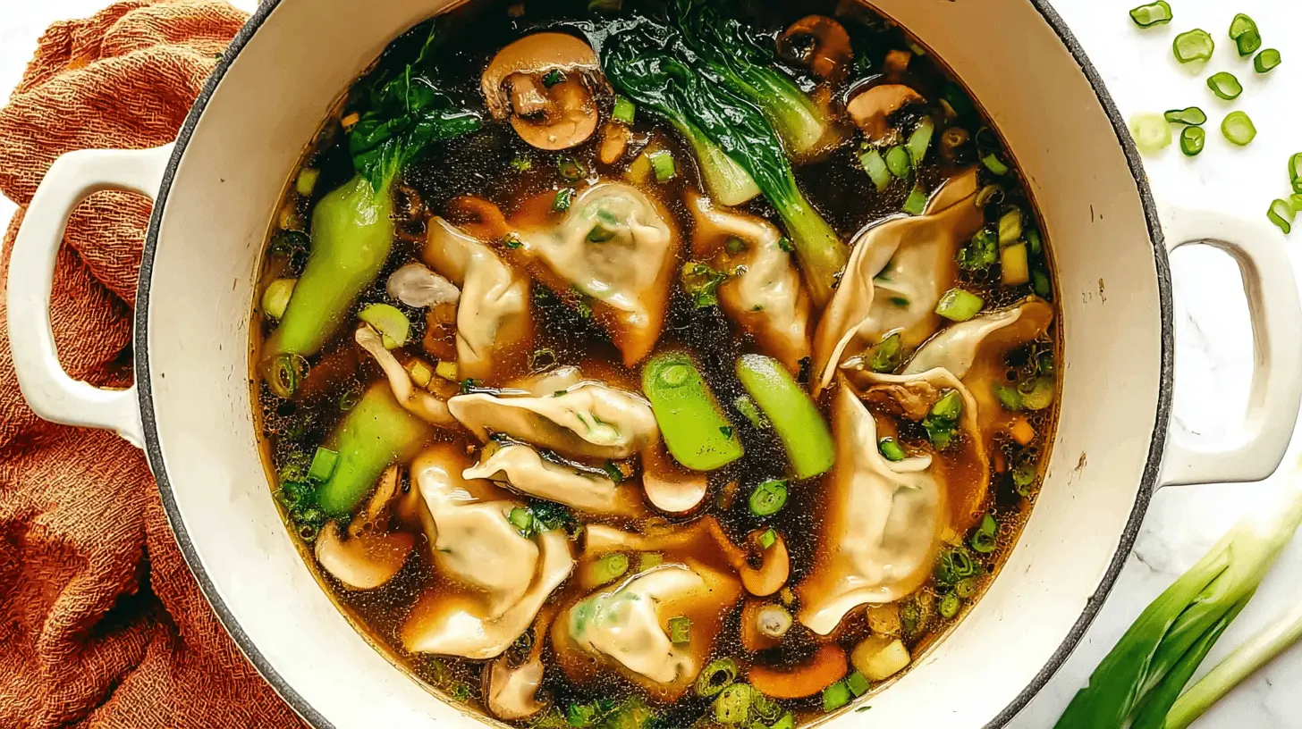Vibrant top-down view of a homemade Potsticker Soup Recipe, featuring dumplings, bok choy, and fresh green onions in a rich broth.