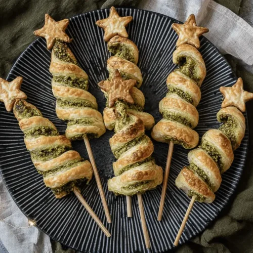 Six golden-brown Puff Pastry Pesto Trees, shaped like Christmas trees with star toppings, arranged on a textured dark plate with festive lights.