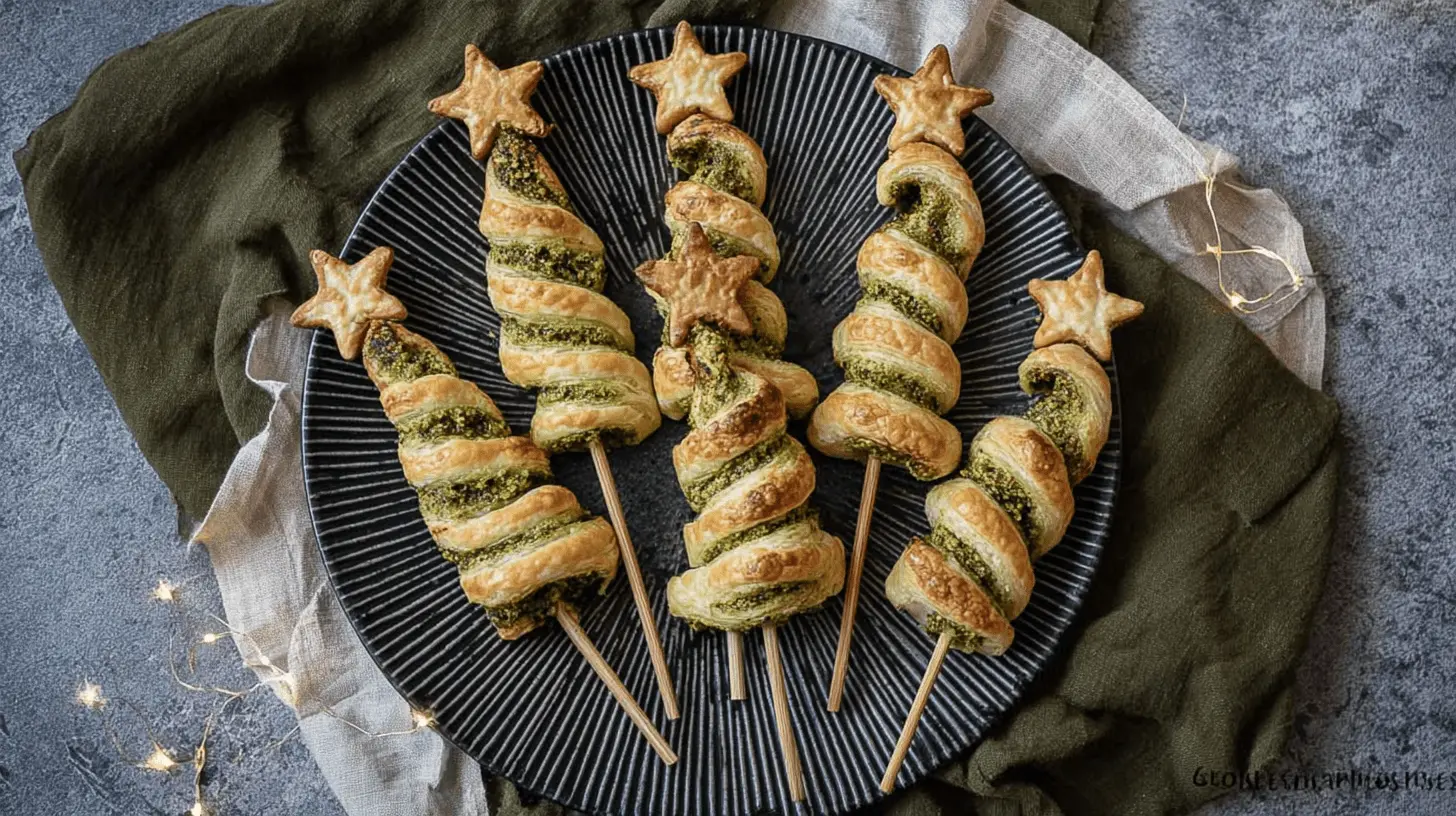 Six golden-brown Puff Pastry Pesto Trees, shaped like Christmas trees with star toppings, arranged on a textured dark plate with festive lights.