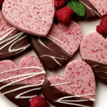 Heart-shaped Raspberry Sugar Cookies, chocolate-dipped and drizzled, served with fresh raspberries and mint.
