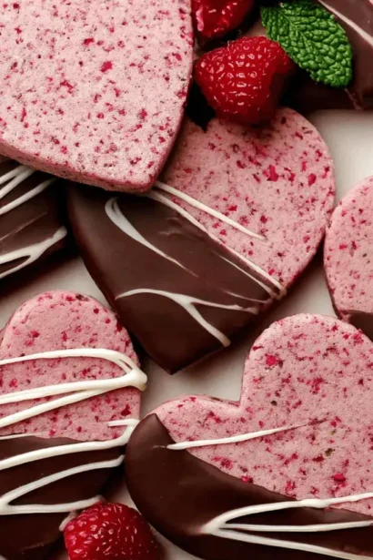 Heart-shaped Raspberry Sugar Cookies, chocolate-dipped and drizzled, served with fresh raspberries and mint.