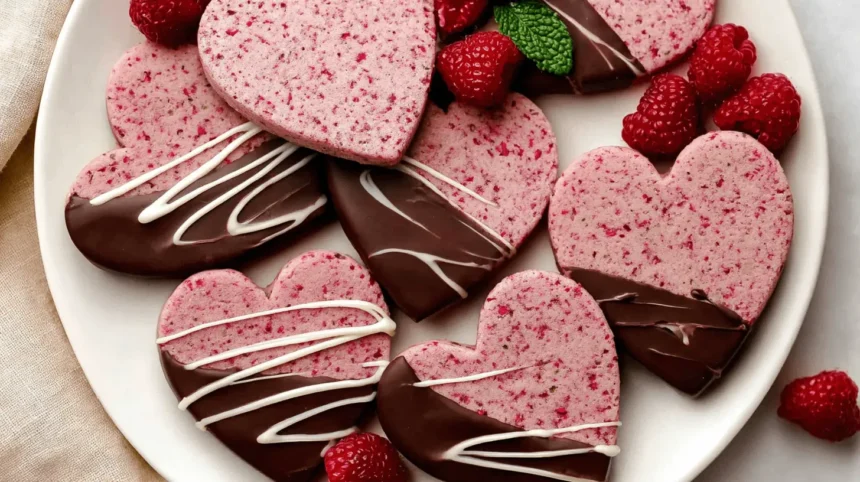 Heart-shaped Raspberry Sugar Cookies, chocolate-dipped and drizzled, served with fresh raspberries and mint.