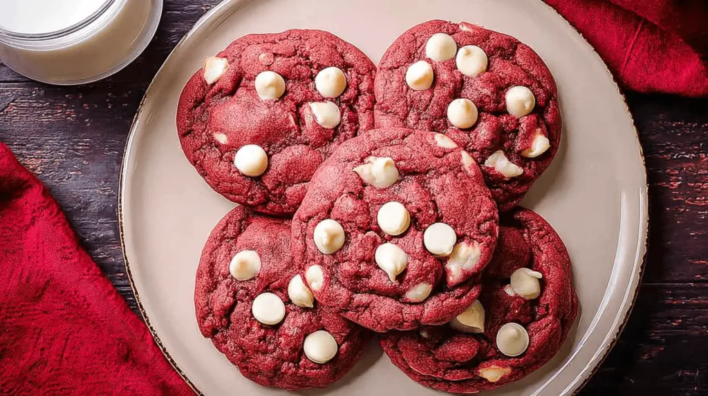 Freshly baked red velvet cookies with white chocolate chips, served with milk on a rustic wooden table.