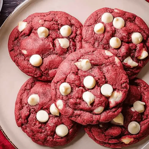 Freshly baked red velvet cookies with white chocolate chips, served with milk on a rustic wooden table.