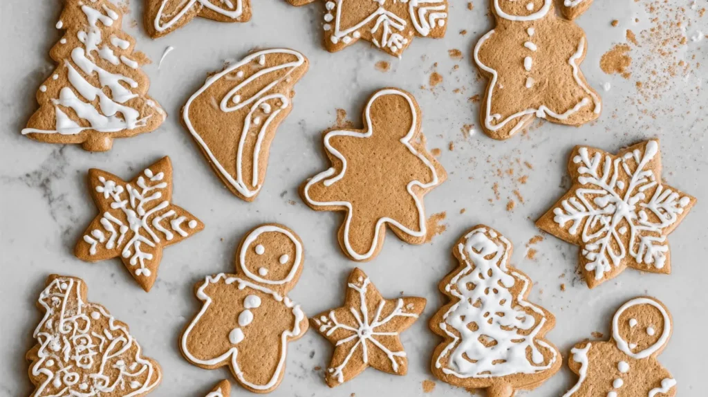 Festive gingerbread royal icing Christmas cookies, featuring various shapes like men, trees, and snowflakes, artfully decorated with white icing on a light countertop.