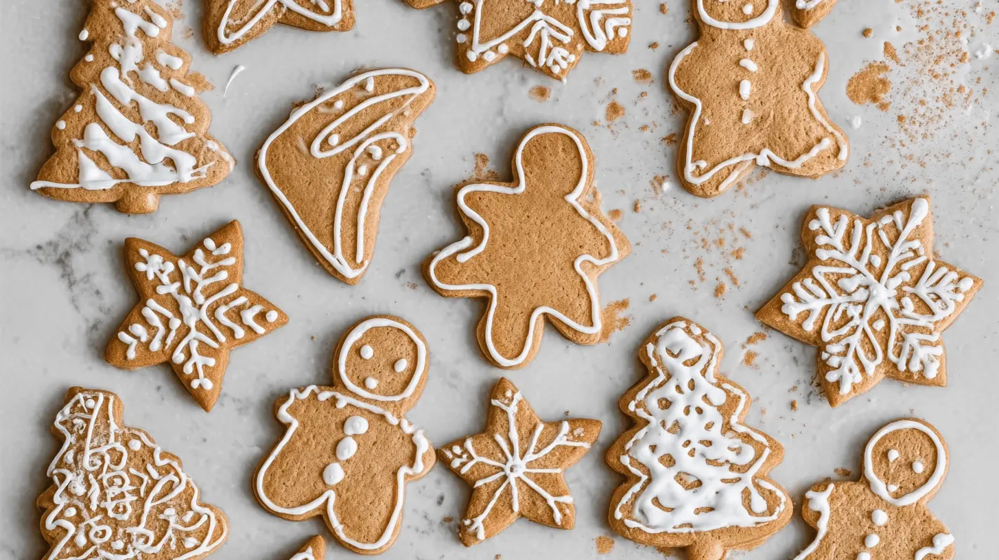 Festive gingerbread royal icing Christmas cookies, featuring various shapes like men, trees, and snowflakes, artfully decorated with white icing on a light countertop.