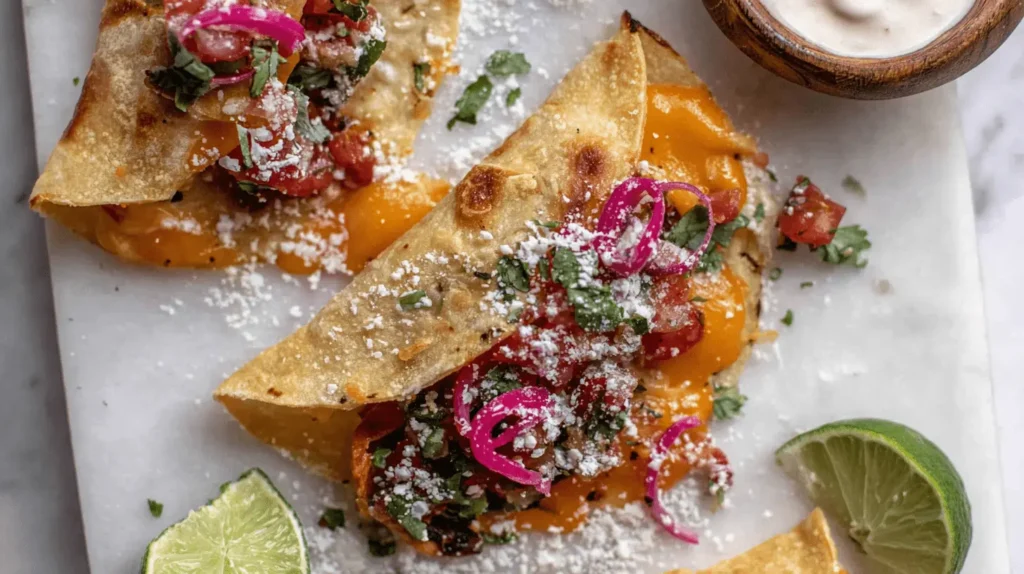 Close-up of golden-brown Salsa Chicken Baked Tacos with melted cheese, pickled red onions, and fresh cilantro, served with lime.