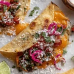 Close-up of golden-brown Salsa Chicken Baked Tacos with melted cheese, pickled red onions, and fresh cilantro, served with lime.