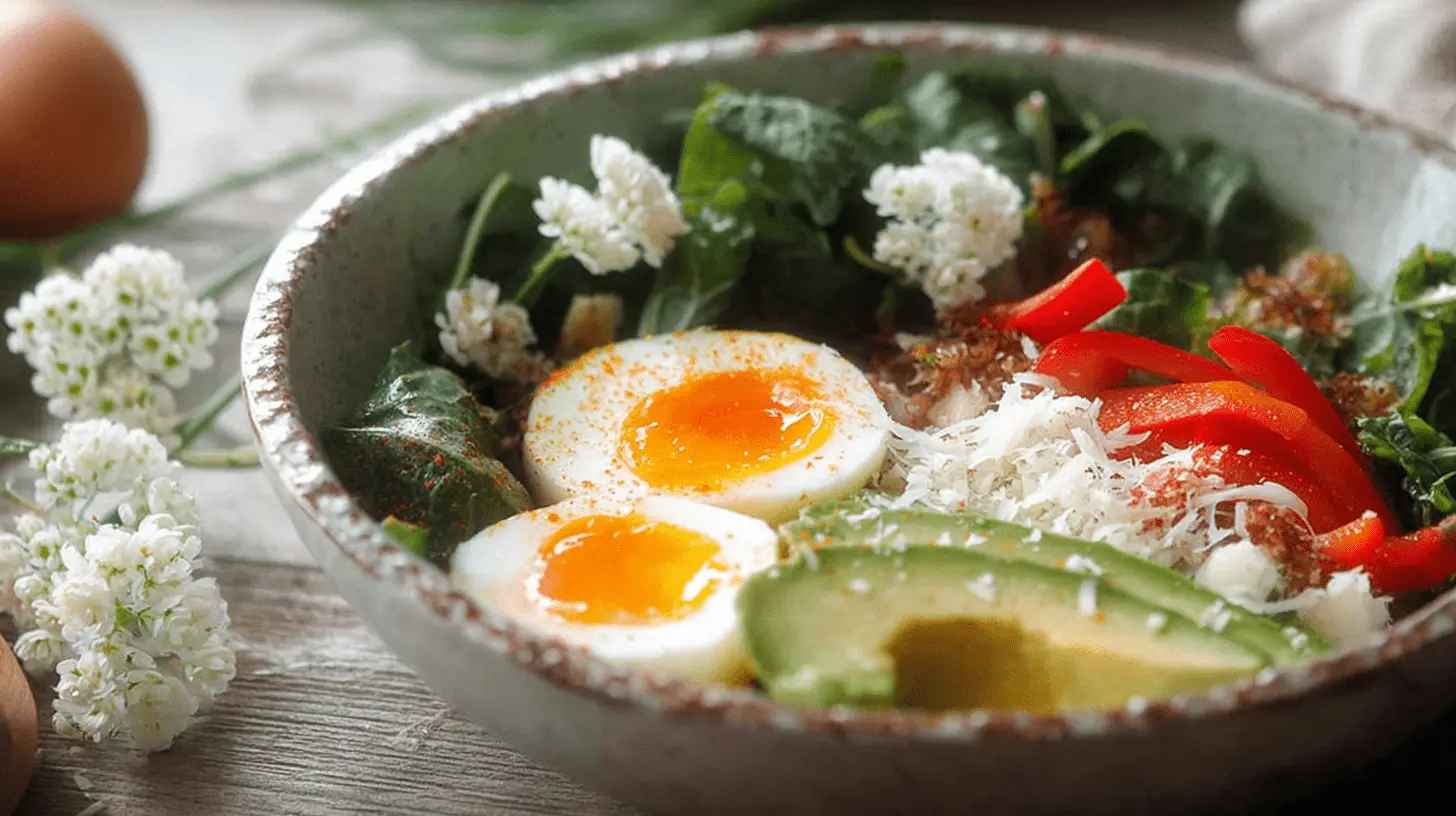 Close-up of a vibrant Savory Breakfast Bowl with Parmesan, featuring soft-boiled eggs, avocado, red bell pepper, and greens in a rustic bowl.