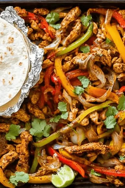 Overhead view of vibrant Sheet Pan Chicken Fajitas with seasoned chicken, colorful bell peppers, onions, fresh cilantro, and lime on a dark baking sheet with warm tortillas.