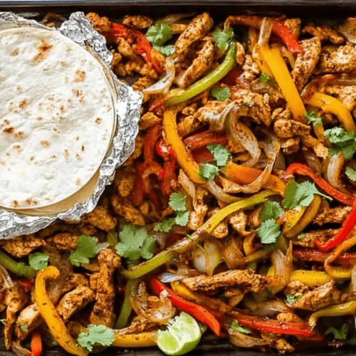Overhead view of vibrant Sheet Pan Chicken Fajitas with seasoned chicken, colorful bell peppers, onions, fresh cilantro, and lime on a dark baking sheet with warm tortillas.