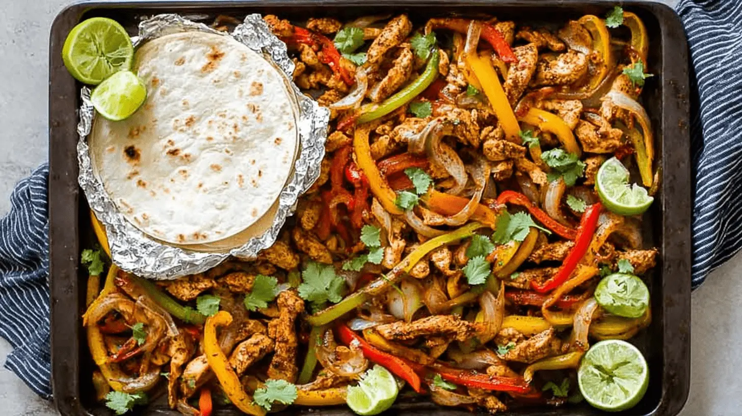 Overhead view of vibrant Sheet Pan Chicken Fajitas with seasoned chicken, colorful bell peppers, onions, fresh cilantro, and lime on a dark baking sheet with warm tortillas.