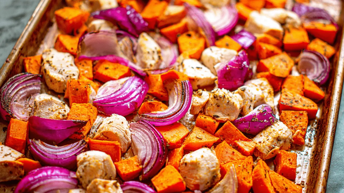 Vibrant close-up of Sheet Pan Chicken with Sweet Potatoes, red onions, and herbs on a rustic baking sheet.