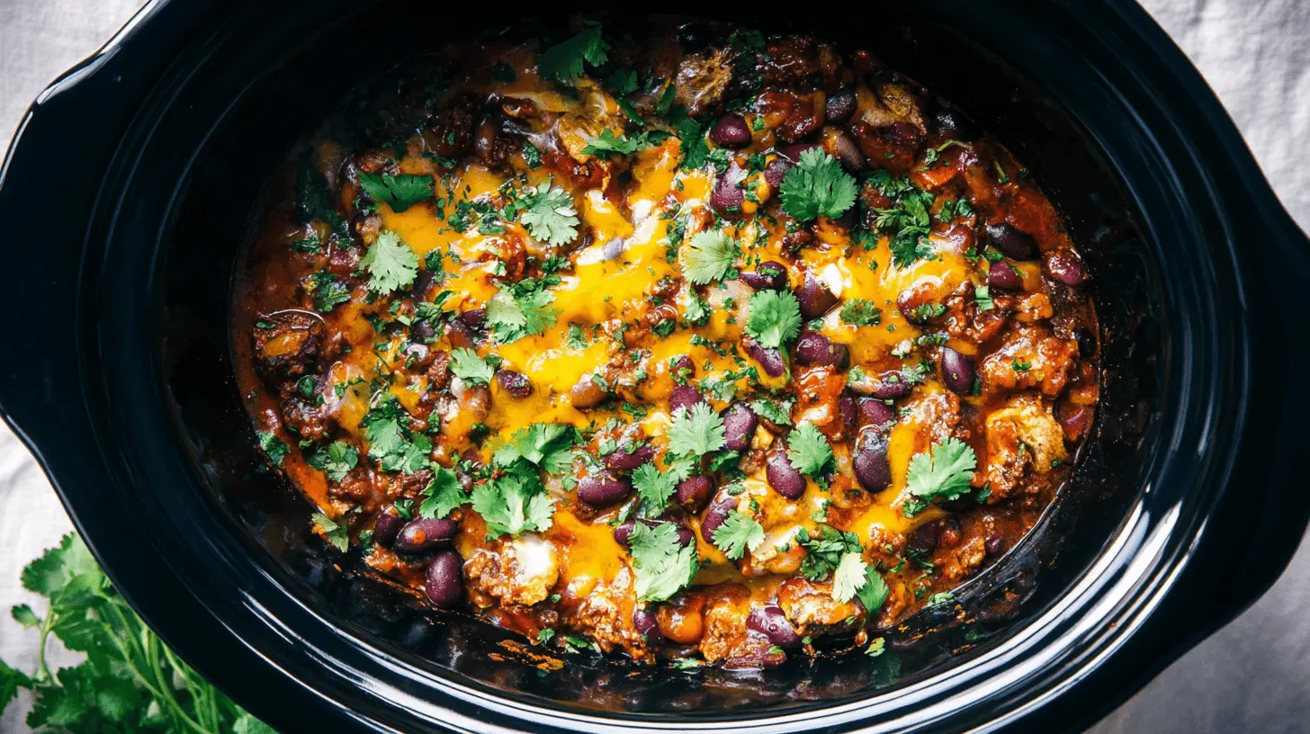 Overhead view of a hearty slow cooker cowboy casserole, rich with melted cheddar, beans, and cilantro, ready to serve.
