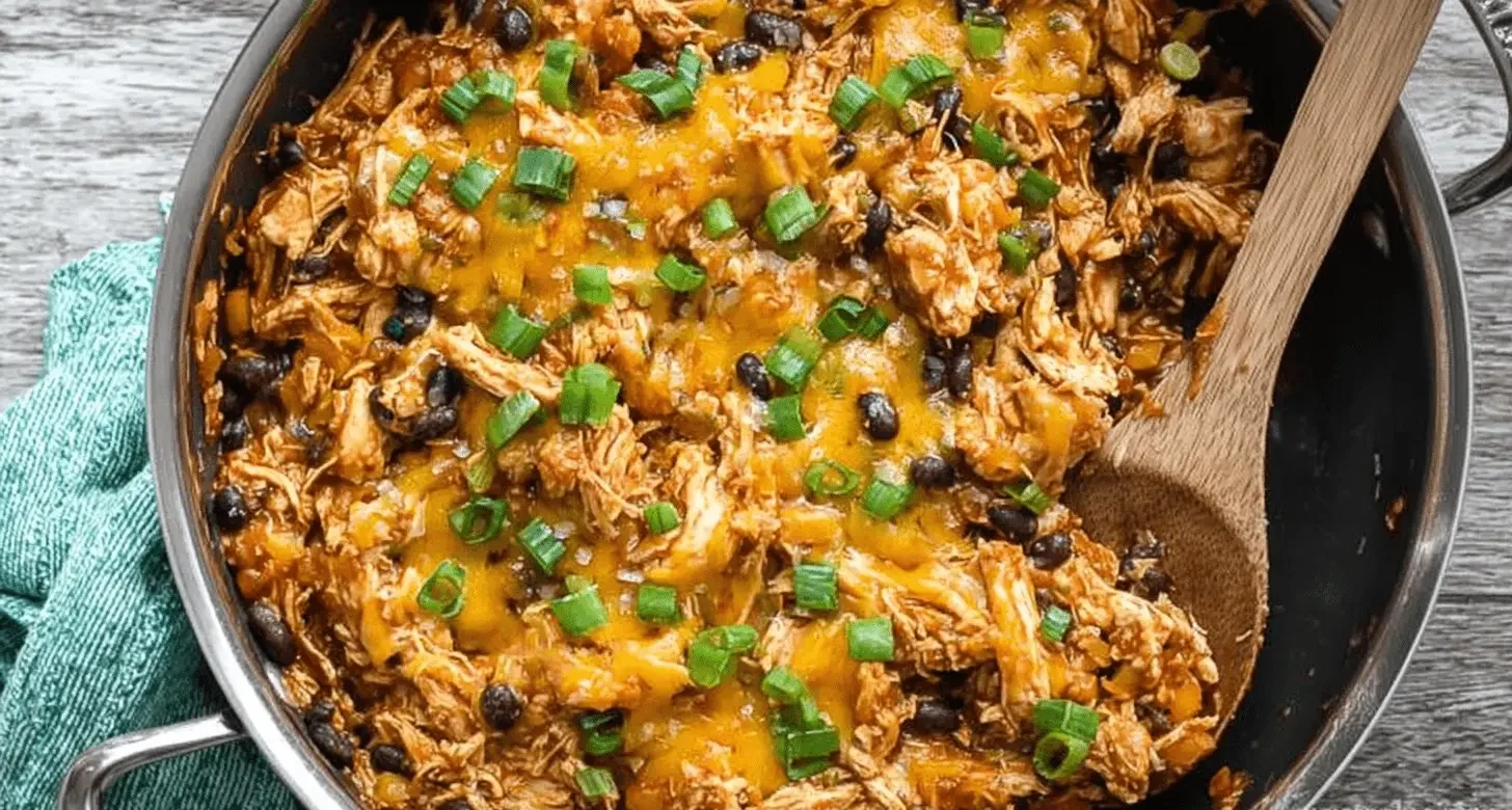 Vibrant Southwest Chicken Skillet with melted cheese, black beans, and fresh scallions, presented in a metallic pan.