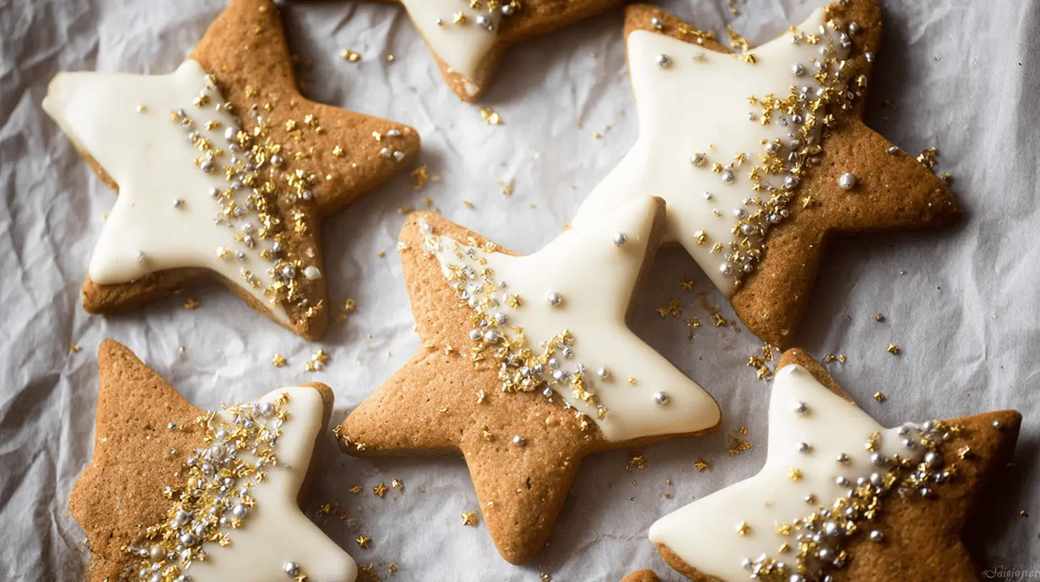 Delicious gold and silver sprinkled star cookies with creamy white icing on crinkled parchment paper.
