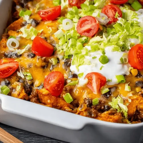 Vibrant, baked Taco Casserole in a white dish, topped with fresh lettuce, sour cream, tomatoes, and green onions on a rustic wooden table.
