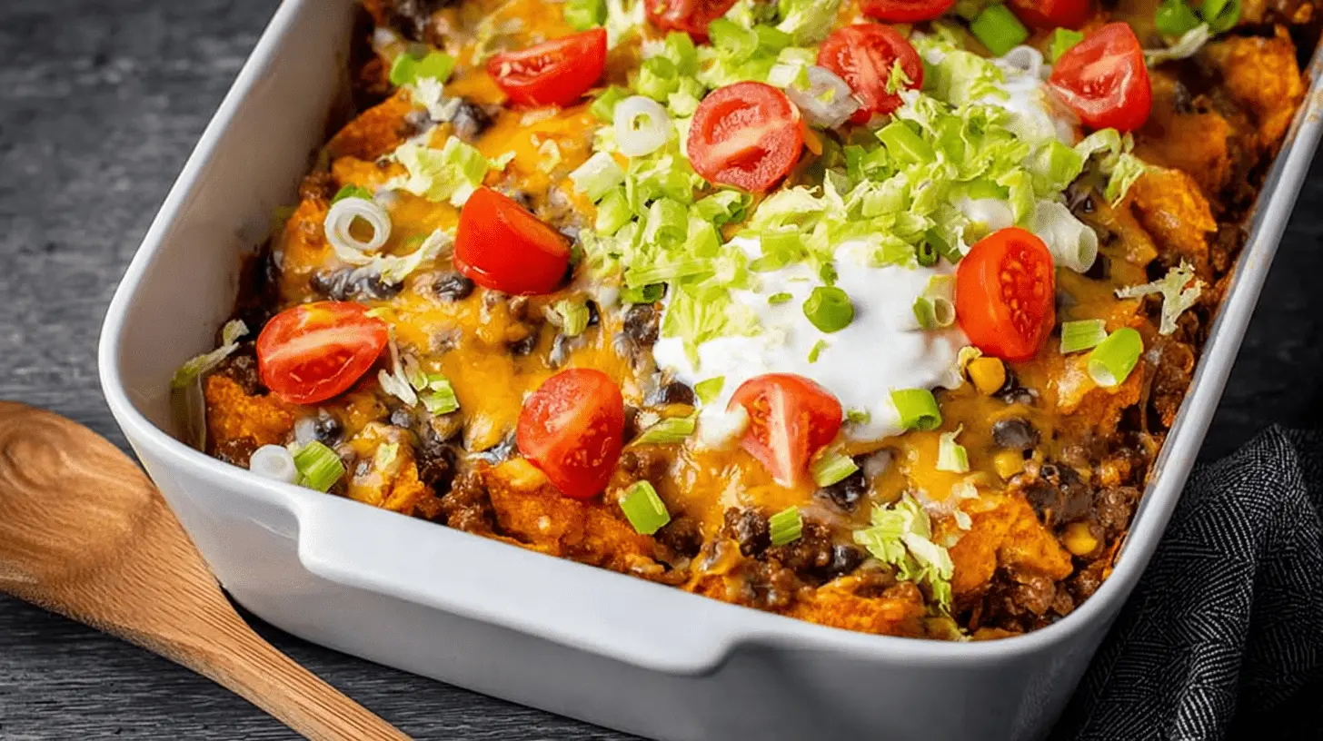 Vibrant, baked Taco Casserole in a white dish, topped with fresh lettuce, sour cream, tomatoes, and green onions on a rustic wooden table.