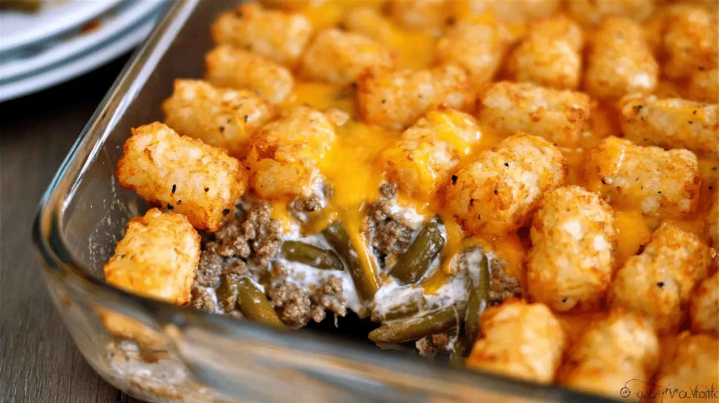 Close-up of a golden brown Tater Tot Casserole bubbling with melted cheese, ground meat, and green beans in a clear glass dish.