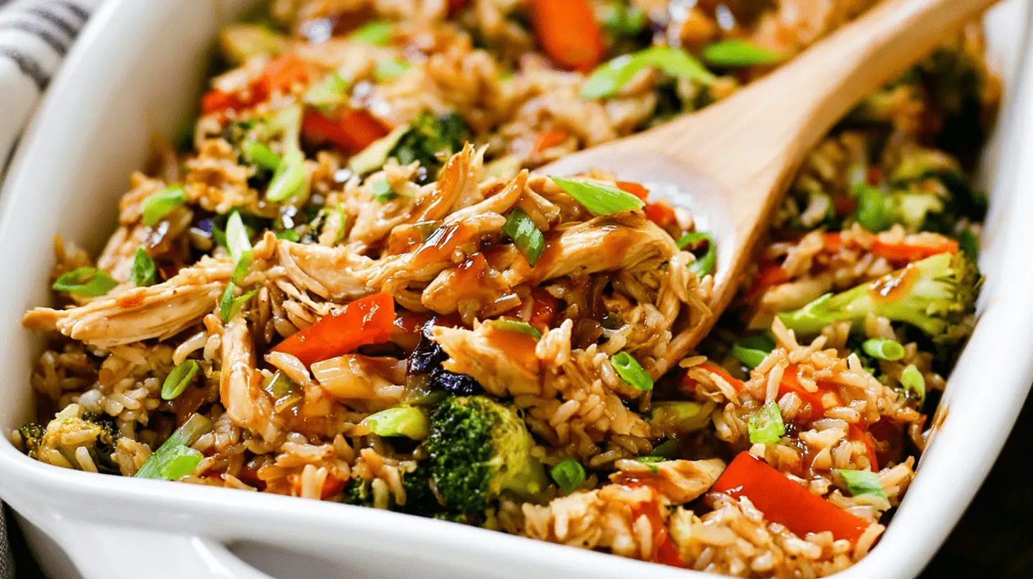 Close-up of a Teriyaki Chicken Casserole with chicken, vegetables, and rice being served from a white dish.