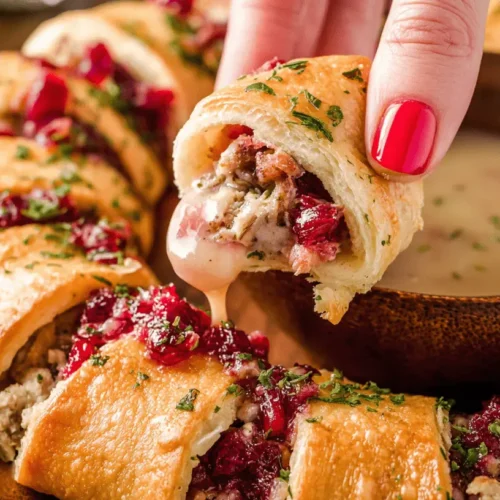 A hand pulls a cheesy, cranberry-topped piece from a golden Thanksgiving Crescent Ring, served on a wooden board.