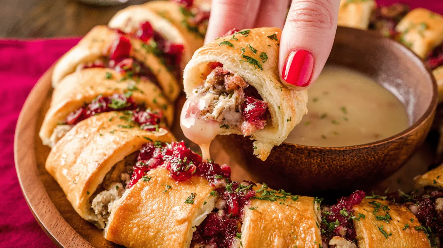 A hand pulls a cheesy, cranberry-topped piece from a golden Thanksgiving Crescent Ring, served on a wooden board.