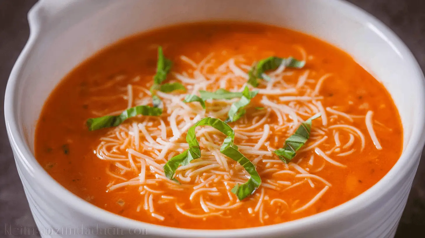 A vibrant close-up of creamy tomato soup topped with fresh basil and white strands, served in a white ceramic bowl.