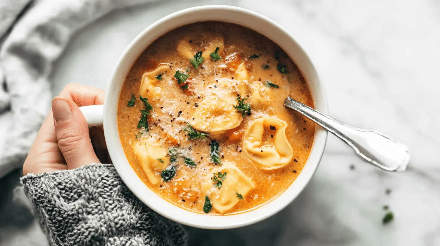 A comforting close-up of a person holding a white bowl of creamy tomato tortellini soup, garnished with cheese and parsley, on a marble surface.