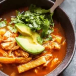 Close-up of a vibrant chicken tortilla soup garnished with fresh avocado, cilantro, and crispy tortilla strips.