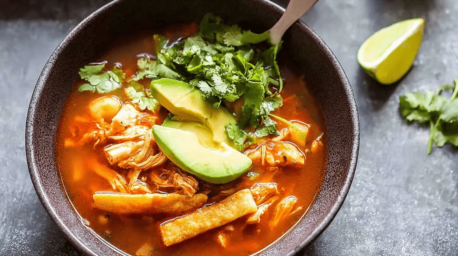 Close-up of a vibrant chicken tortilla soup garnished with fresh avocado, cilantro, and crispy tortilla strips.