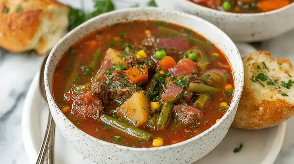 A close-up of a rustic bowl brimming with hearty vegetable beef soup, garnished with fresh herbs and served with crusty bread.