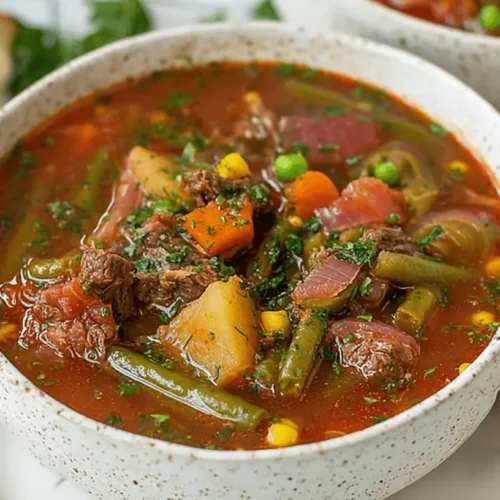 A close-up of a rustic bowl brimming with hearty vegetable beef soup, garnished with fresh herbs and served with crusty bread.