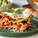 A vibrant slice of multi-layered Vegetarian Lasagna with roasted vegetables, melted cheese, and fresh basil on a dark green plate.