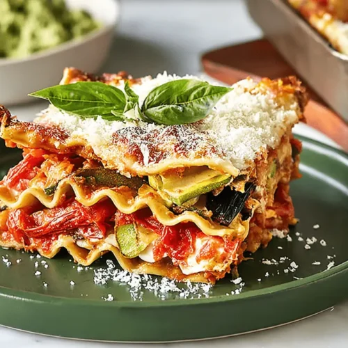 A vibrant slice of multi-layered Vegetarian Lasagna with roasted vegetables, melted cheese, and fresh basil on a dark green plate.