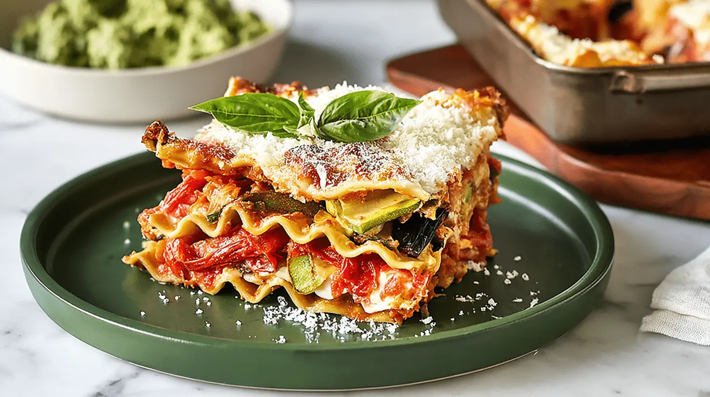 A vibrant slice of multi-layered Vegetarian Lasagna with roasted vegetables, melted cheese, and fresh basil on a dark green plate.