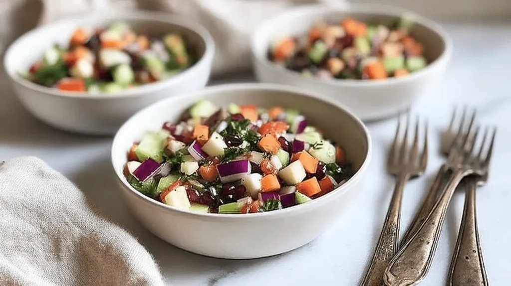Vibrant Winter Chopped Salad in three bowls with antique forks and a linen napkin on a light surface.