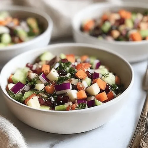 Vibrant Winter Chopped Salad in three bowls with antique forks and a linen napkin on a light surface.