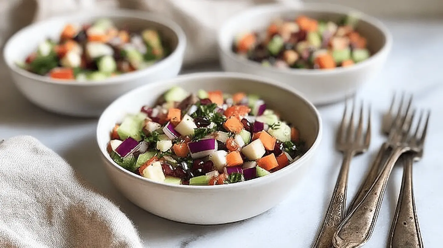 Vibrant Winter Chopped Salad in three bowls with antique forks and a linen napkin on a light surface.