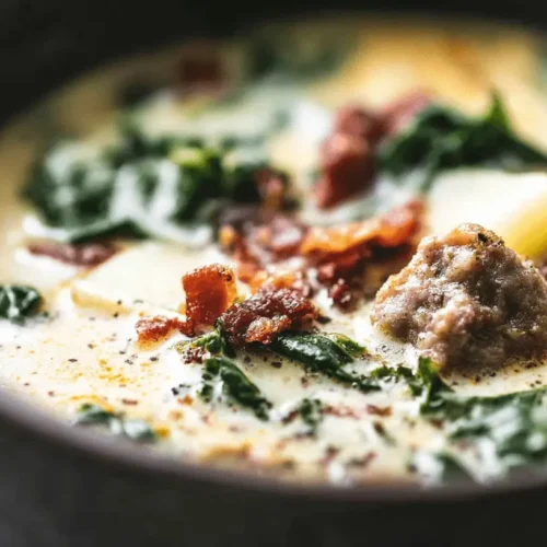Close-up of a hearty bowl of creamy Zuppa Toscana soup with sausage, crispy bacon, kale, and potatoes.