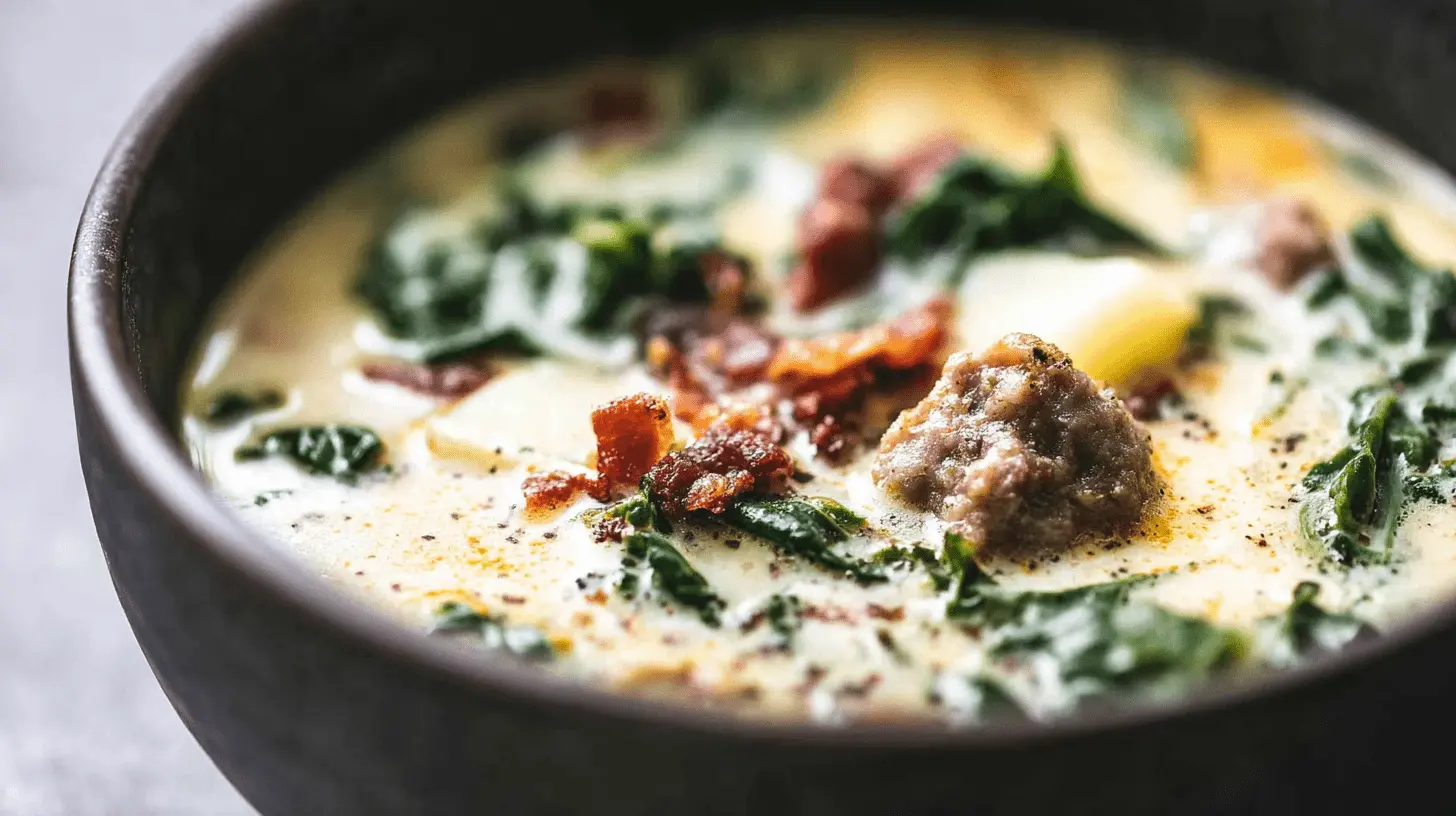 Close-up of a hearty bowl of creamy Zuppa Toscana soup with sausage, crispy bacon, kale, and potatoes.