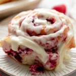 Close-up of a freshly baked Raspberry Swirl Sweet Roll with a generous white glaze and fresh raspberries on a ceramic plate.