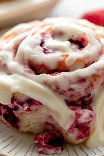 Close-up of a freshly baked Raspberry Swirl Sweet Roll with a generous white glaze and fresh raspberries on a ceramic plate.