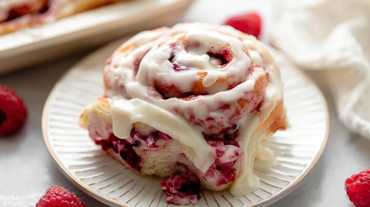 Close-up of a freshly baked Raspberry Swirl Sweet Roll with a generous white glaze and fresh raspberries on a ceramic plate.