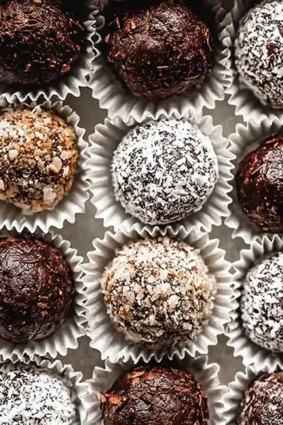 Close-up of an open box containing twelve festive chocolate Rum Balls, lightly dusted with white powder.