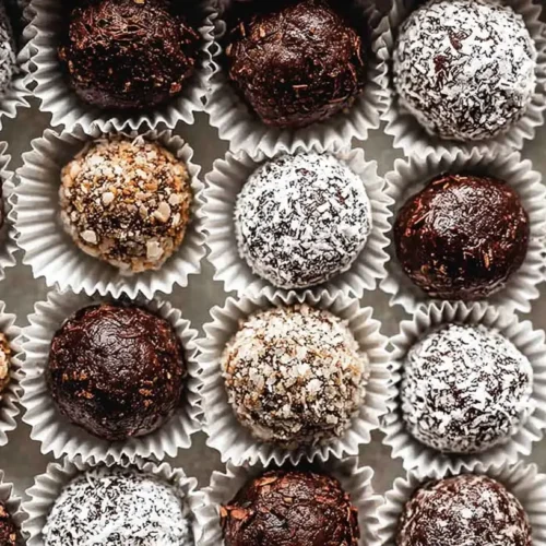 Close-up of an open box containing twelve festive chocolate Rum Balls, lightly dusted with white powder.