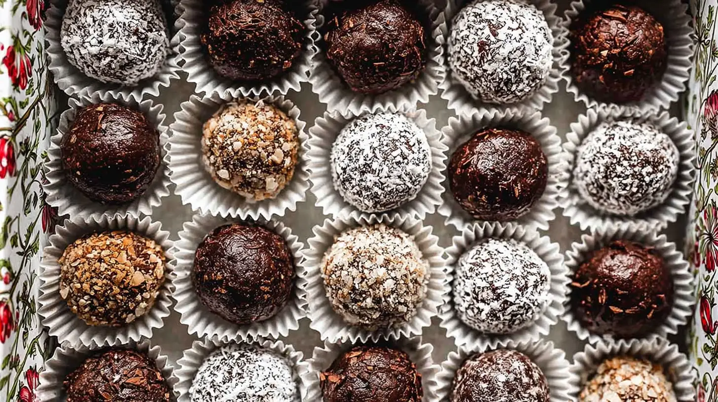 Close-up of an open box containing twelve festive chocolate Rum Balls, lightly dusted with white powder.
